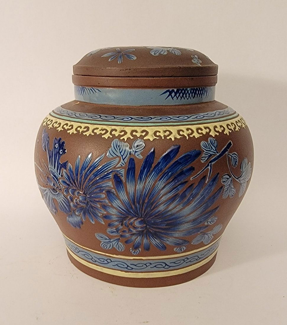 Yixing Tea Caddy enameled, signed and watermarked 6" (1 of 7)