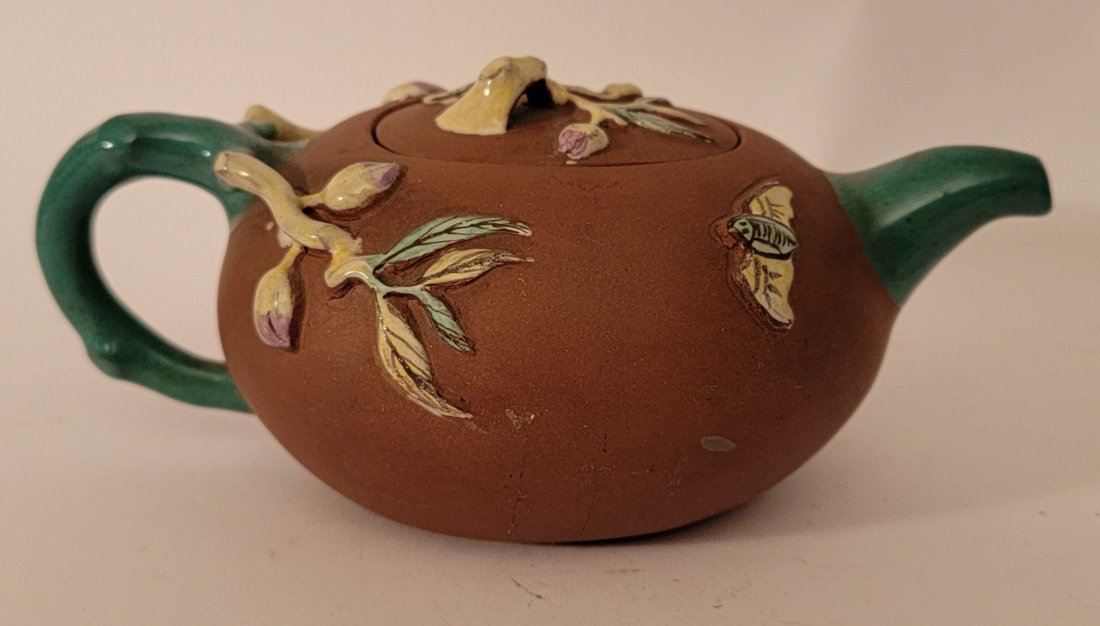 Yixing Teapot with enamel Bird bats & flowers signed (1 of 6)