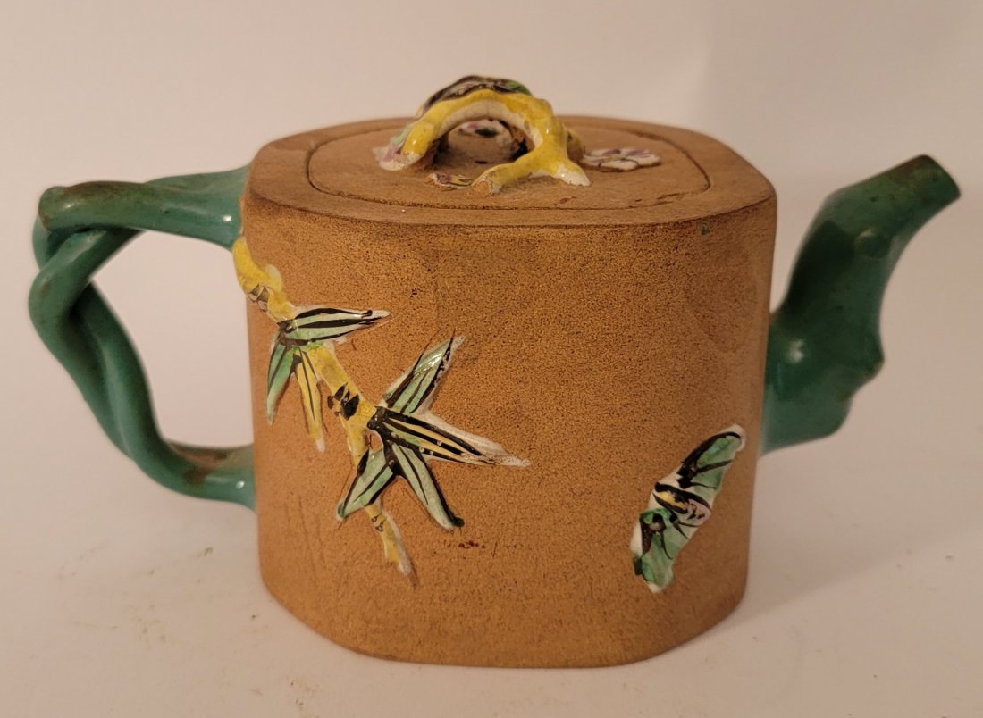 Yixing Teapot with enameled bamboo bat signed: Yixing Teapot with enameled bamboo and bat and signed