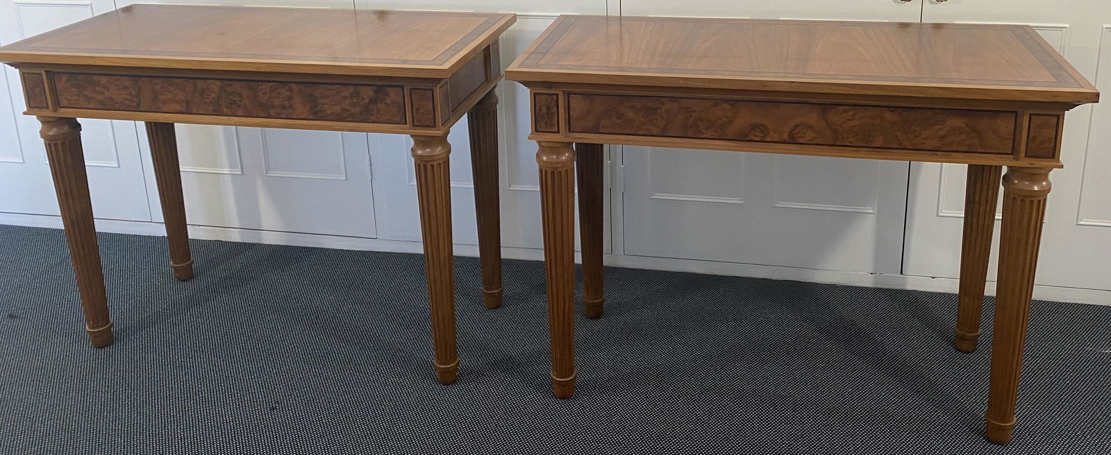 A pair of David Linley console tables, American black: A pair of David Linley console tables, American black walnut, ebony and burr walnut, fluted legs, stamped David Linley 1993, H.79cm W.110cm D.50cm