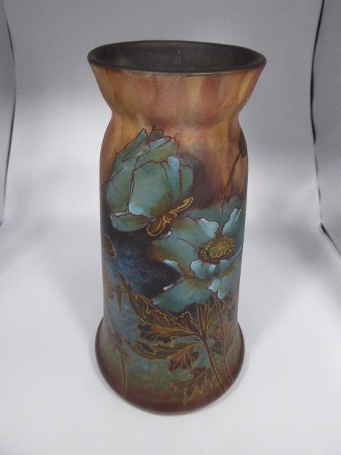 Franz Anton Melham (1838-1931) for Royal Bonn, a: Franz Anton Melham (1838-1931) for Royal Bonn, a Nouveau Ã¢€ËœMustershutzÃ¢€â„¢ pottery vase, signed to lower outer and stamped to base, H.23cm