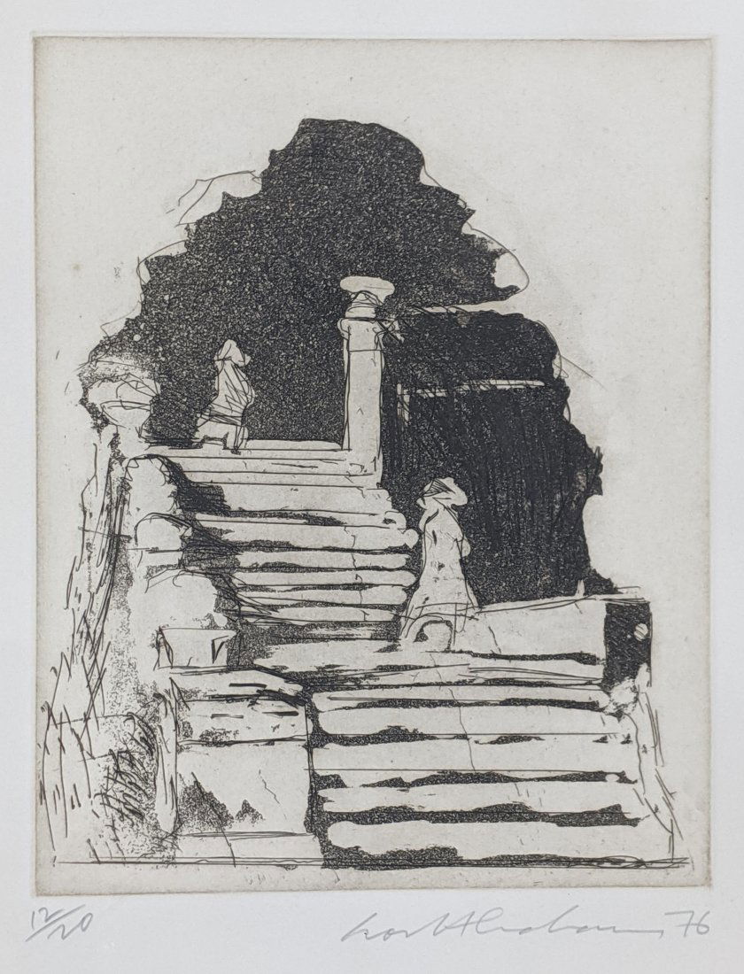 Ivor Abrahams (British, 1935-2015), Works Past (II),: Ivor Abrahams (British, 1935-2015), Works Past (II), 1976, etching with aquatint, signed in pencil lower right and dated 76, editioned 12/20, blindstamp to lower margin, H.25cm W.20cm, together with a