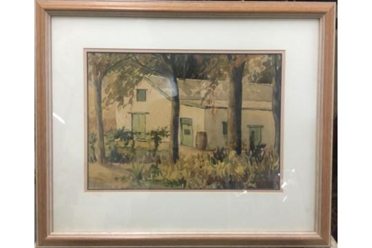 John Williams (20th century South African), a Capelands: John Williams (20th century South African), a Capelands farmhouse, watercolour, signed lower left in pencil, H.28cm W.39.5cm