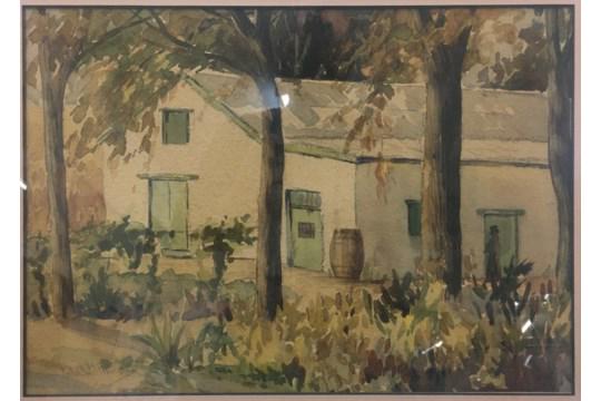 John Williams (20th century South African), a Capelands: John Williams (20th century South African), a Capelands farmhouse, watercolour, signed lower left in pencil, H.28cm W.39.5cm