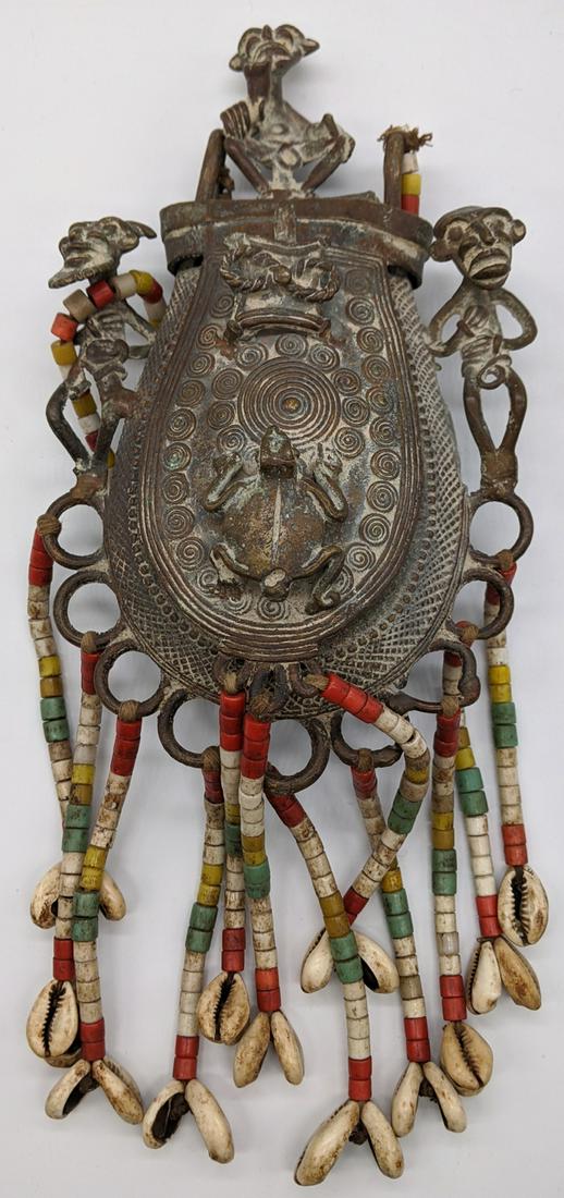A Nigerian Yoruba cast brass divination container,: A Nigerian Yoruba cast brass divination container, tribal African