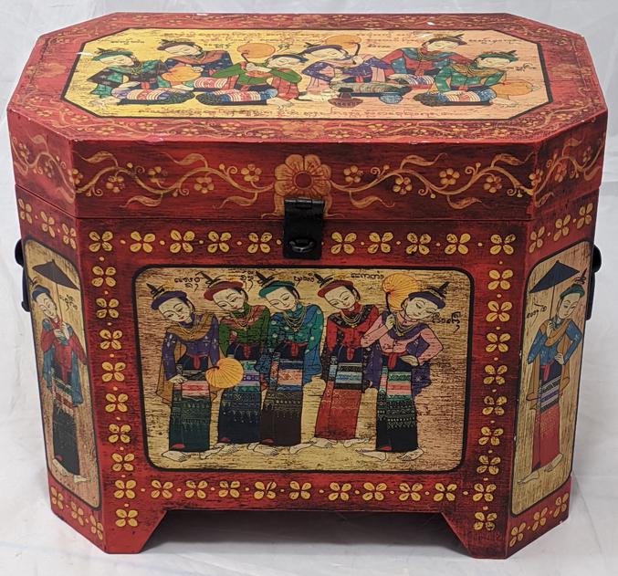 A Burmese painted wooden twin handled box, H.31cm: A Burmese painted wooden twin handled box, H.31cm W.36cm