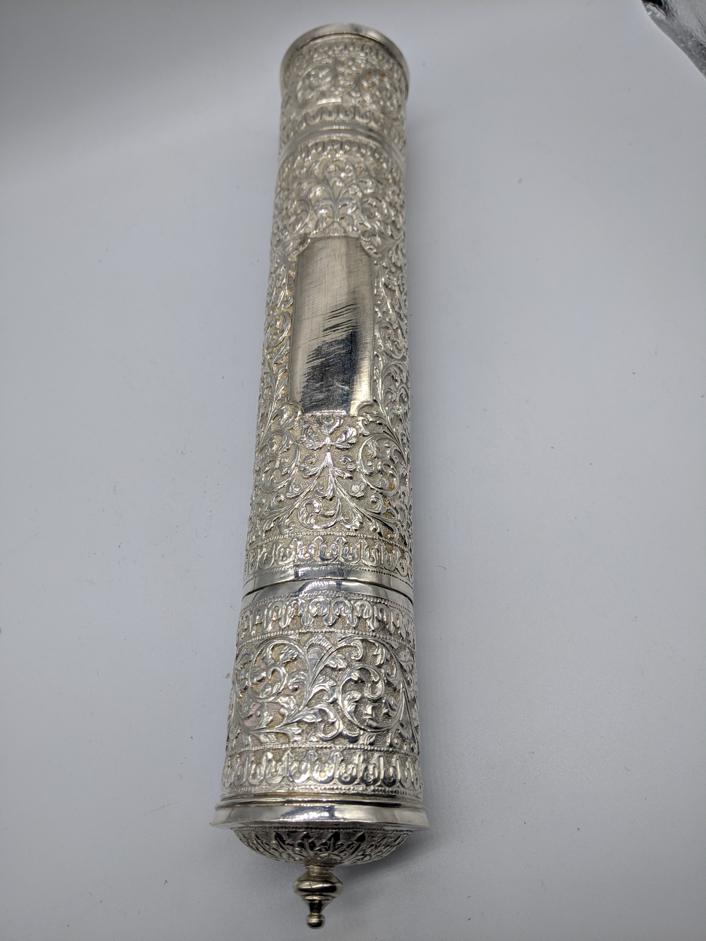 A silver Megillah Esther case, unmarked, vacant: A silver Megillah Esther case, unmarked, vacant cartouche, 425g, L.35cm