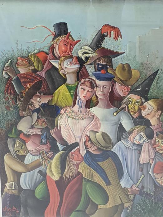 20th century Continental School, a Surrealist study,: 20th century Continental School, a Surrealist study, oil on board, signed lower right and dated 58, H.32.5cm W.46cm