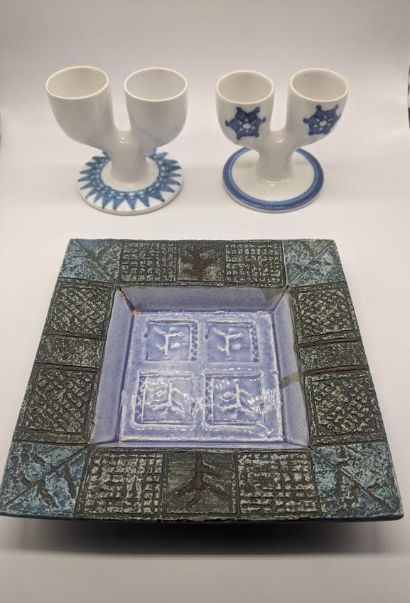 A Troika pottery square shaped dish by Alison Bridgen,: A Troika pottery square shaped dish by Alison Bridgen, 20cm x 20cm, together with two Troika double egg cups, H.9cm