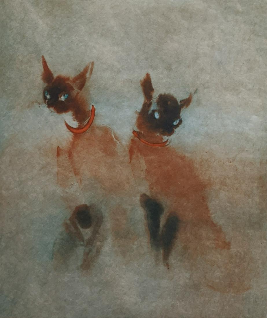 Kaiko Moti, (1921-1989), Siamese Cats, aquatint, signed: Kaiko Moti, (1921-1989), Siamese Cats, aquatint, signed in pencil and numbered in Roman numerals 28/75, H.55cm W.49cm