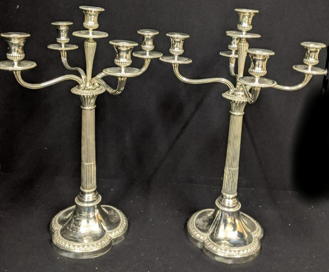 Hunt & Roskell Late Storr & Mortimer, a large pair of: Hunt & Roskell Late Storr & Mortimer, a large pair of Victorian silver candelabras, five light, four branch, central fluted column stem, bead banding to base, bird crest and engraving, hallmarked Lond