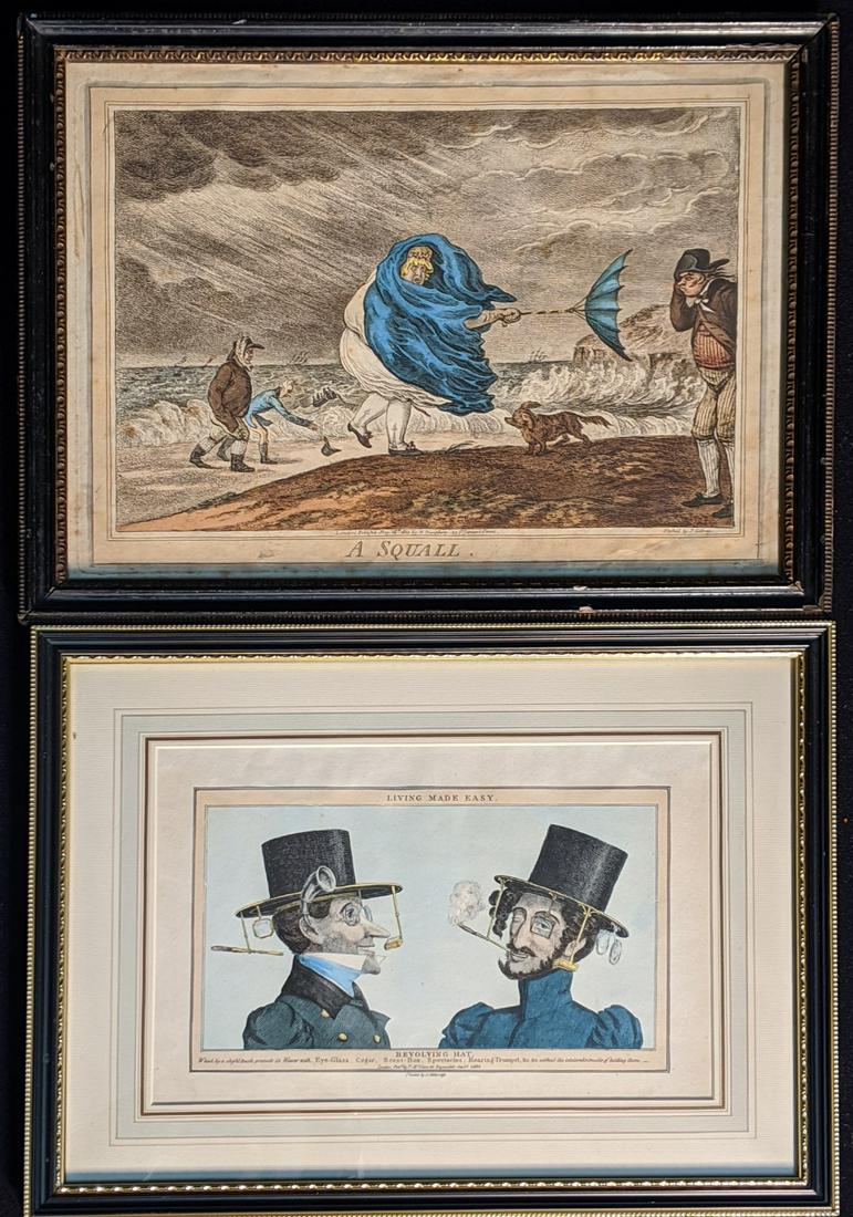 James Gillray (British, 1756-1815), A Squall, 1810,: James Gillray (British, 1756-1815), A Squall, 1810, coloured engraving, published by H.Humphrey of London, H.23cm W.33cm, together with another engraving, Living Made Easy, Revolving Hat, H.13cm W.24c