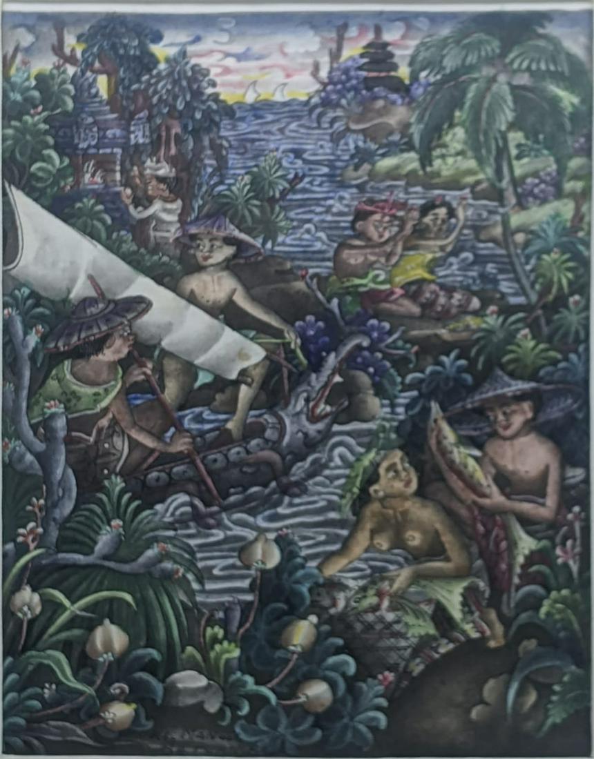 I Ketut Manggi (Indonesian, b.1946), Batuan, Bali,: I Ketut Manggi (Indonesian, b.1946), Batuan, Bali, watercolour and gouache on paper, signed, H,14cm W.10.5cm, together with another Indonesian watercolour 10.5cm x 8cm