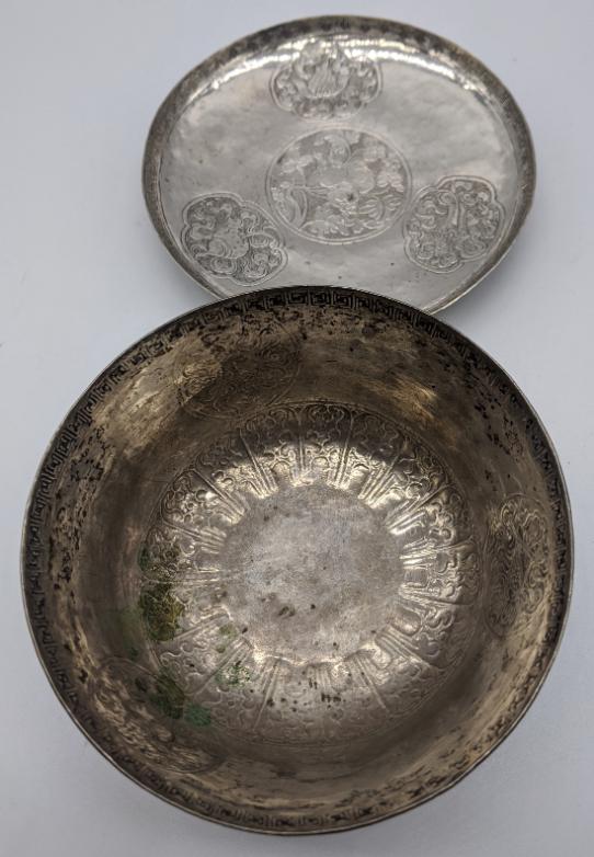 A Tibetan or Mongolian wine or tea cup and saucer,: A Tibetan or Mongolian wine or tea cup and saucer, 257g, D.12cm