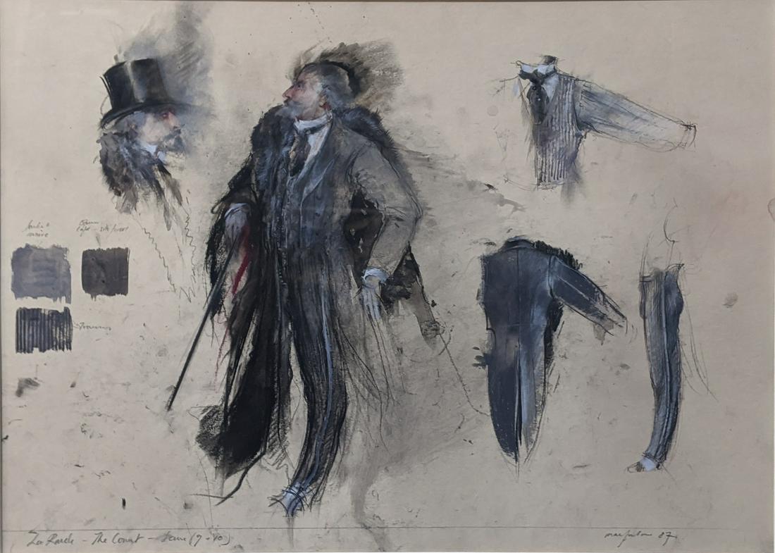 John Macfarlane (British, b. 1948), La Roche, The Count: John Macfarlane (British, b. 1948), La Roche, The Count â€“ Scene (9 + 10) design, 1987, mixed media on paper, signed and dated to lower right in pencil, with pencil annotation to lower left, H.3