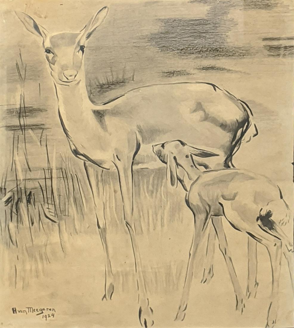 In the manner of Han van Meegeren (Dutch, 1889-1947),: In the manner of Han van Meegeren (Dutch, 1889-1947), Deer and Foal, 1924, charcoal and watercolour on paper, bearing the artist-s signature and opus date to lower left, H.44cm, W.33cm