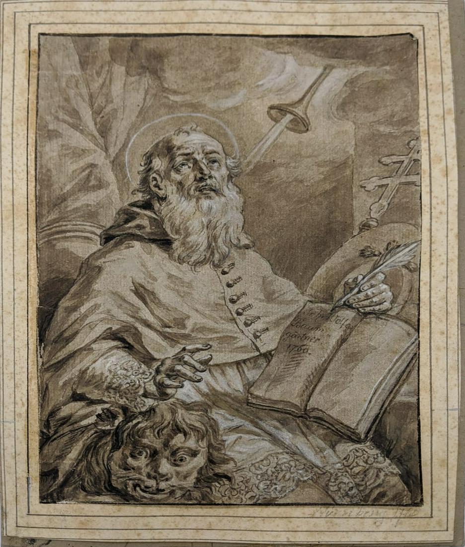 Attributed Johann Wolfgang Baumgartner (Austro-German,: Attributed Johann Wolfgang Baumgartner (Austro-German, 1712-1761), Saint Jerome, 1760, pen and black ink, brush and grey wash, white heightening over traces of black chalk, black chalk framing lines o