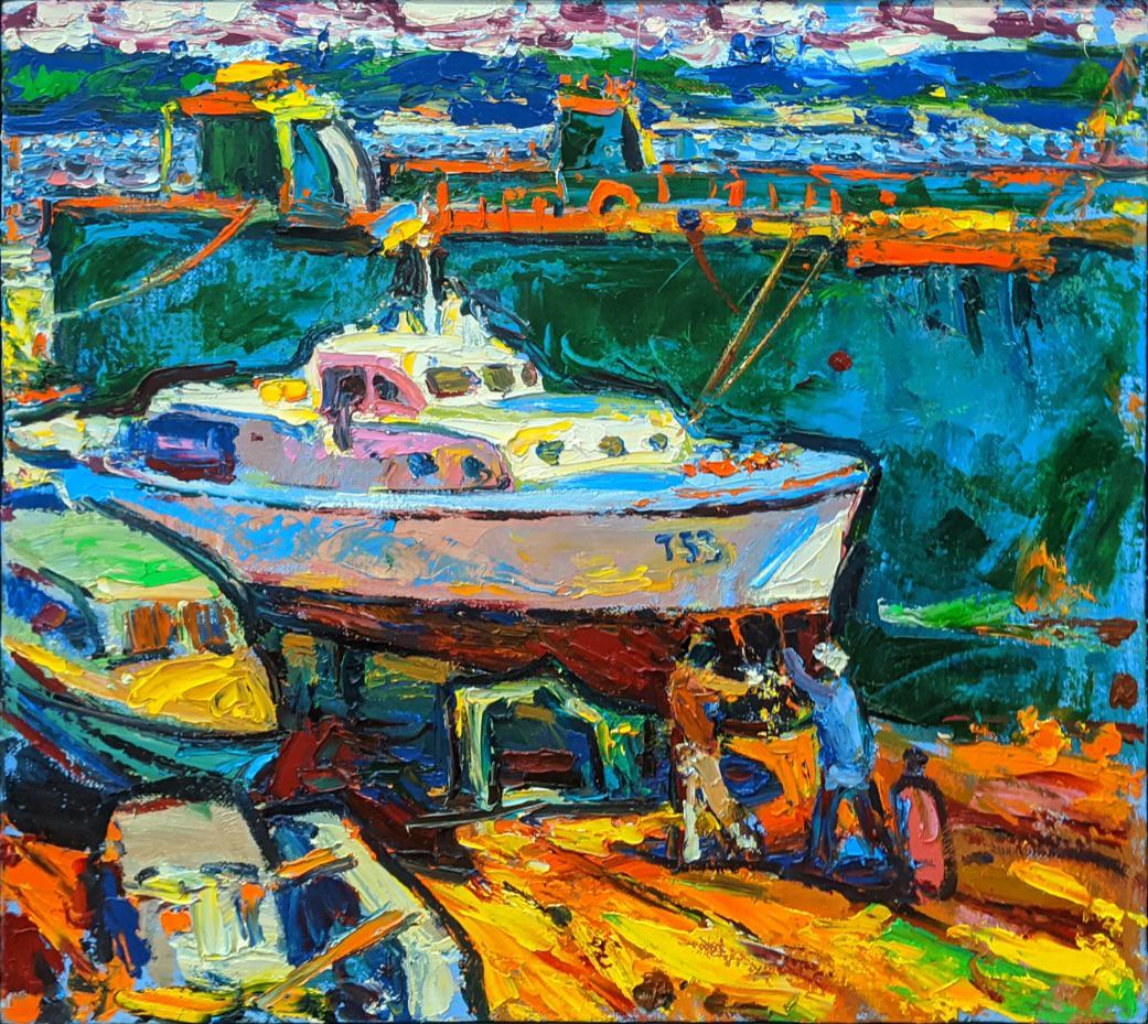 Andriy Chebotaru (b.1982, Ukrainian), Impressionist: Andriy Chebotaru (b.1982, Ukrainian), Impressionist dockyard scene, oil on canvas, signed in pen to verso, H.60cm W.64cm