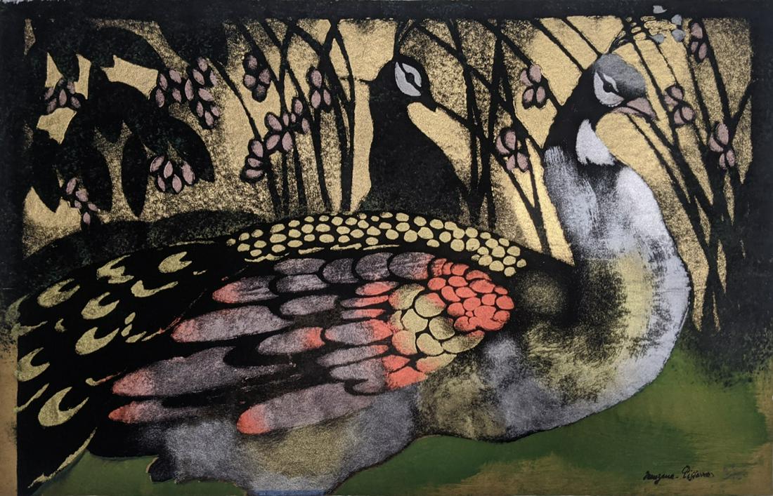 Georges Manzana-Pissarro (French, 1871-1961), Peacocks,: Georges Manzana-Pissarro (French, 1871-1961), Peacocks, pochoir on paper, signed in black ink lower right and numbered 25/100, mounted, unframed, H.31cm W.49cm