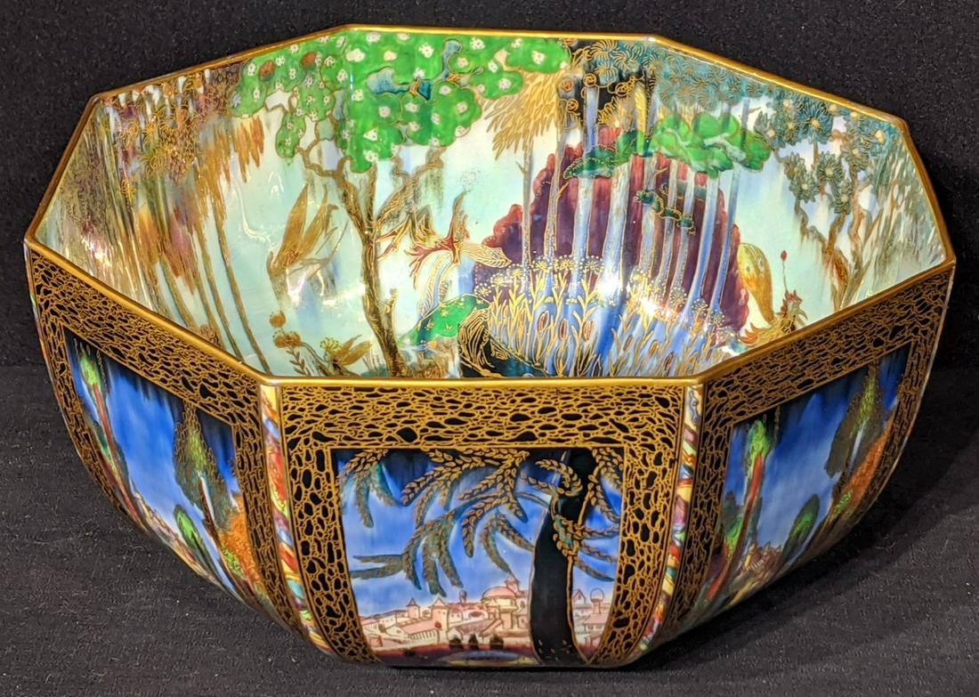 A large Wedgwood Fairyland Lustre octagonal bowl by: A large Wedgwood Fairyland Lustre octagonal bowl by Daisy Makeig-Jones, decorated with fairies within woodland, pattern no.Z5125, D.27cm H.13.5cm