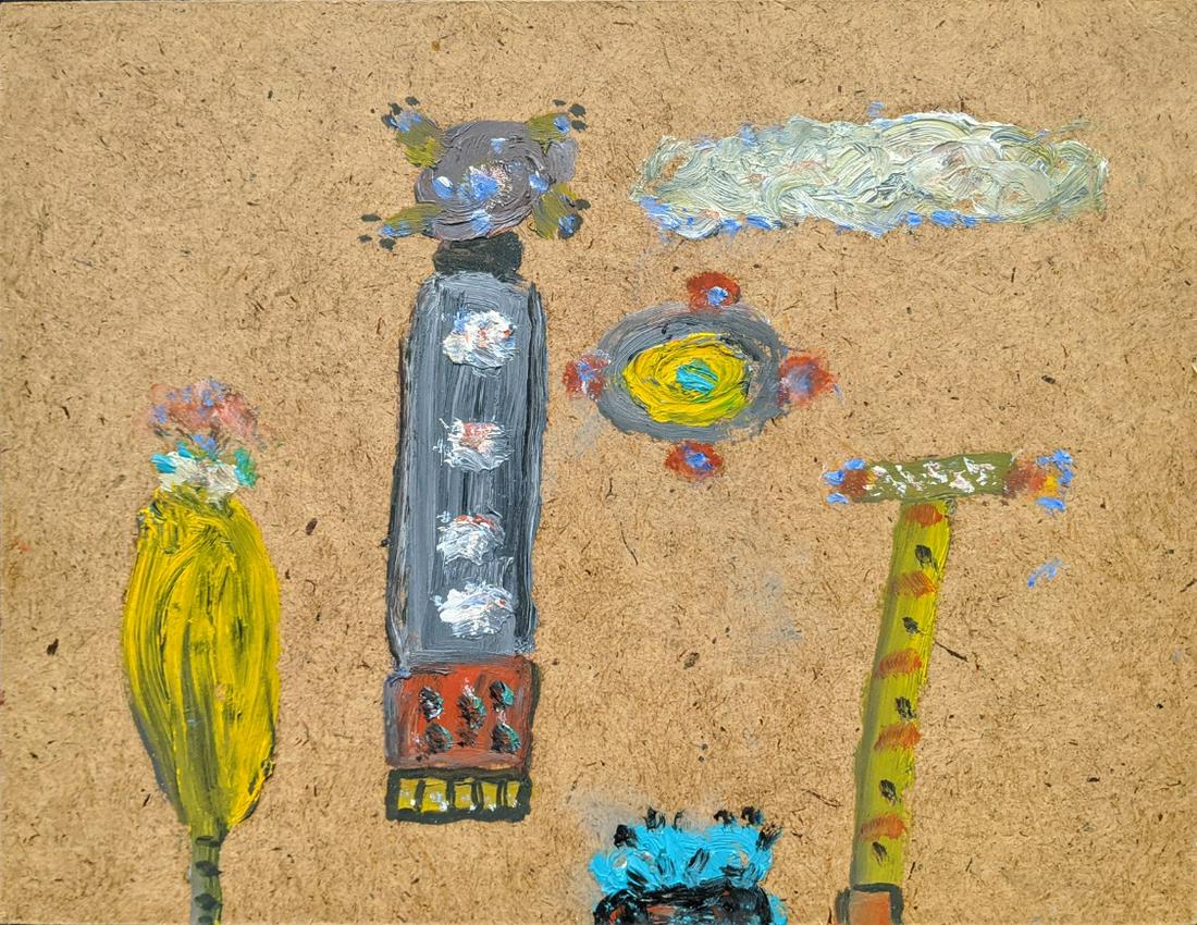 Alan Davie (1920-2014), Opus O.2275 Five Elated Objects: Alan Davie (1920-2014), Opus O.2275 Five Elated Objects with a Cloud, 2011, oil on board, signed in marker pen to verso, H.25.5cm W.30.5cm Provenance: Gimpel Fils Gallery, London ARR