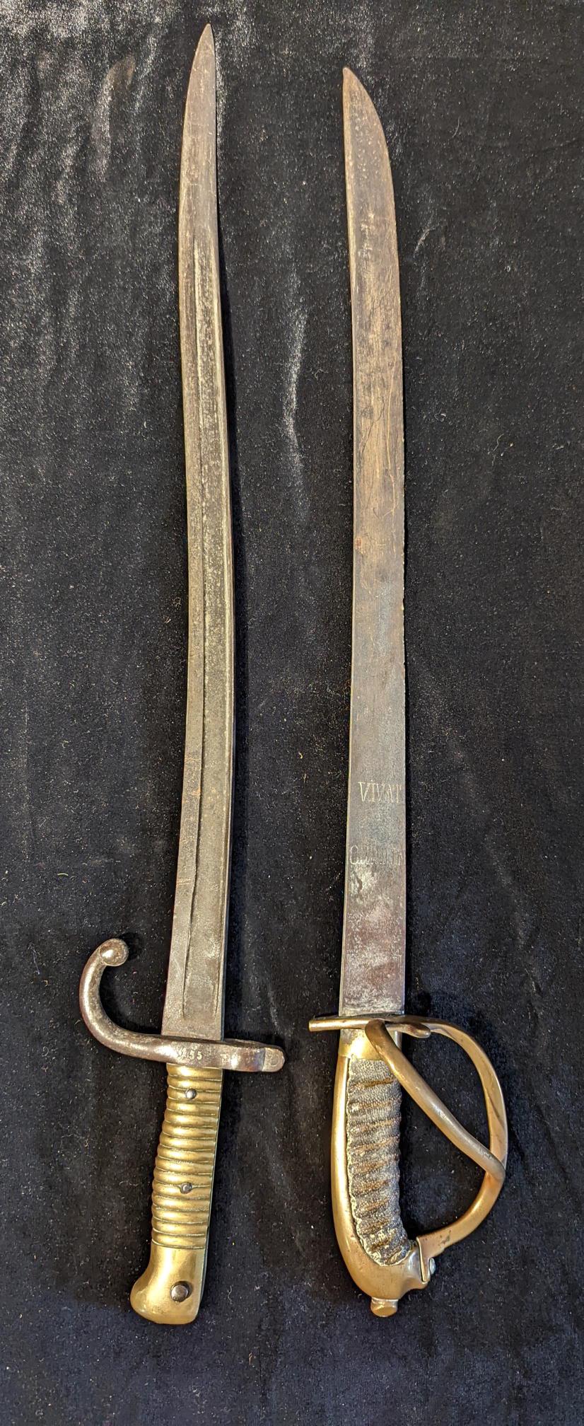 A 19th century French Chassepot bayonet L.69.5cm,: A 19th century French Chassepot bayonet L.69.5cm, together with a 19th century officers sword, inscribed VIVAT ORANGEN, possibly Dutch or Flemish, L.66.5cm