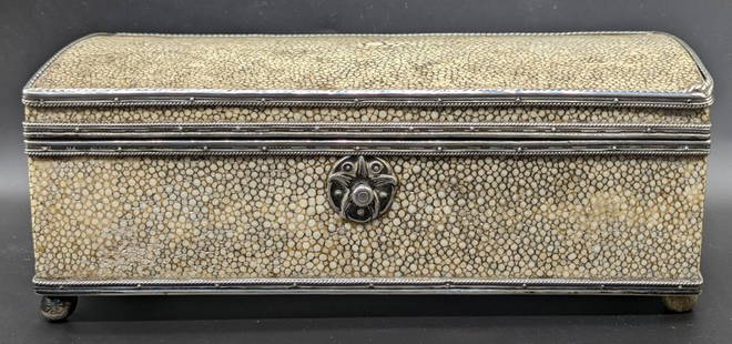 A John Paul Cooper silver and shagreen Arts and Crafts box, push button lock, JPC applique to: A John Paul Cooper silver and shagreen Arts and Crafts box, push button lock, JPC applique to interior of lid, L.22cm,