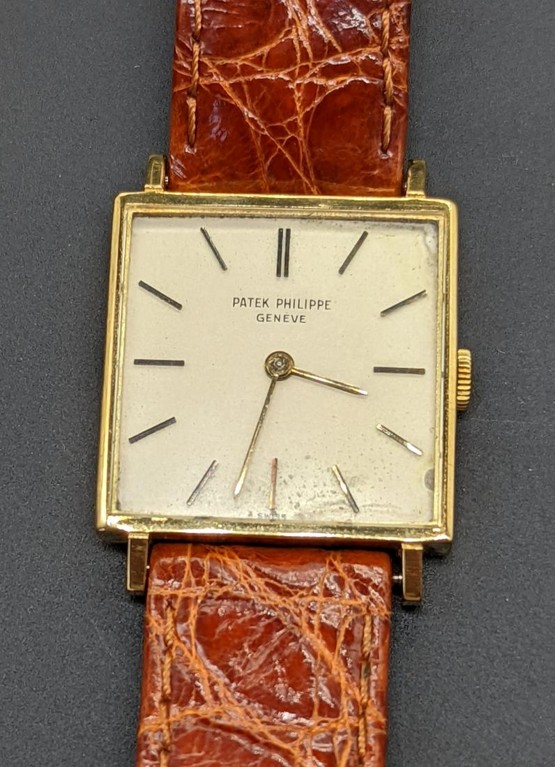 Patek Philipp 18ct gold gents wristwatch, square shaped dial, ref.3420, circa 1960s, 18ct gold case,: Patek Philippe 18ct gold gents wristwatch, square shaped dial, ref.3420, circa 1960s, 18ct gold case, 18 jewel wind up movement, with leather case supplied from Patek Philipe following their service 7