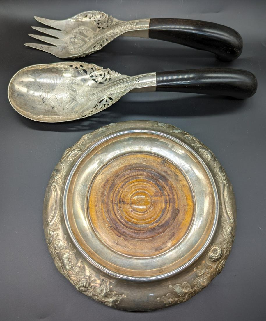 Pair of Colonial Silver and Carved Horn Food Servers, with inscription in Jawi, made in Kelantan,: Pair of Colonial Silver and Carved Horn Food Servers, with inscription in Jawi, made in Kelantan, Malaysia, together with a wood and chased silver-mounted wine bottle coaster