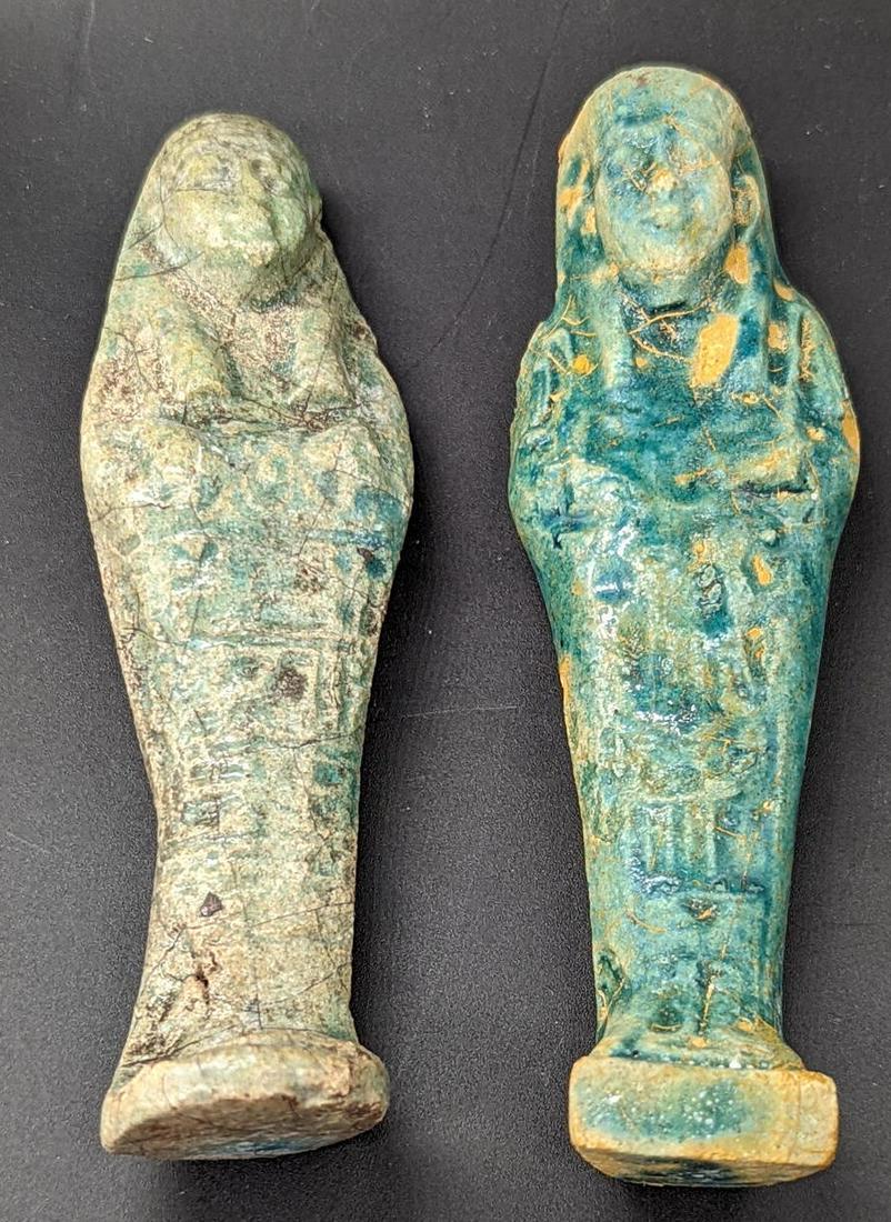 Two glazed Egyptian shabtis, L.10cm: Two glazed Egyptian shabtis, L.10cm