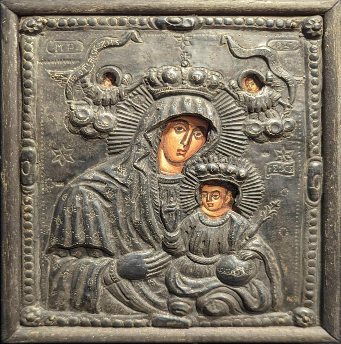 A 20th century silver oklad icon, marked 850, H.18.5cm W.16cm: A 20th century silver oklad icon, marked 850, H.18.5cm W.16cm