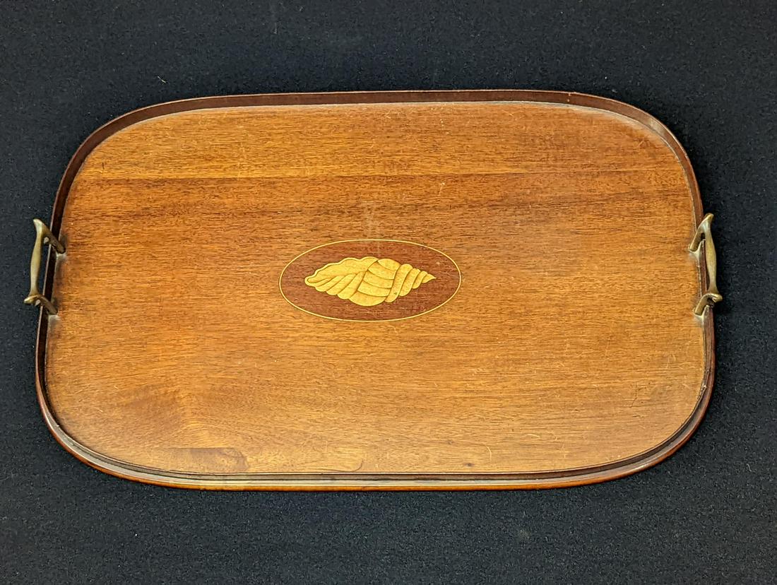 An Edwardian mahogany shell inlaid tray: An Edwardian mahogany shell inlaid tray