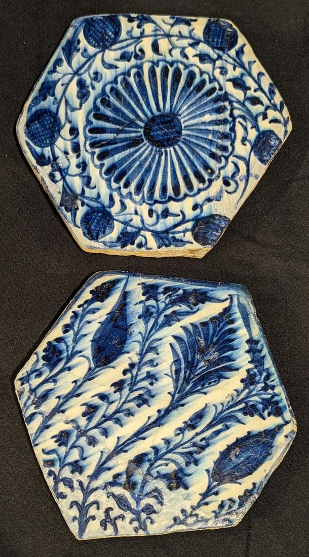 Two fine 14/15th century Mamluk glazed pottery hexagonal tiles, D.19cm (1 of 3)