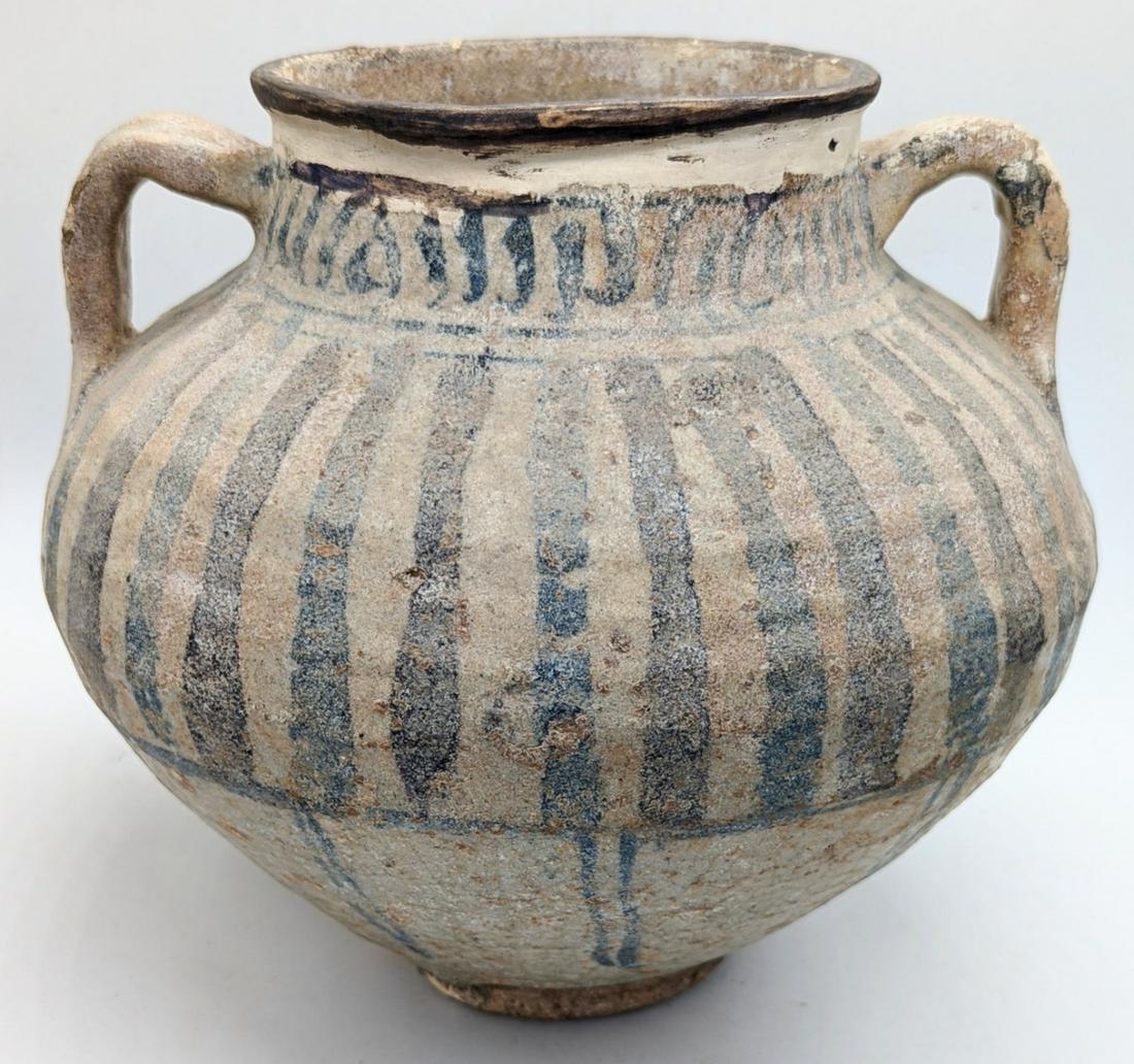 A rare large 12-13th century Persian Gurgan twin handled bulbous vase with blue and purple striped (1 of 6)
