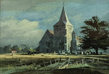 Rowland Hilder (1905-1993), Old Romney Church, watercolour, ink and bodycolour, signed lower left,