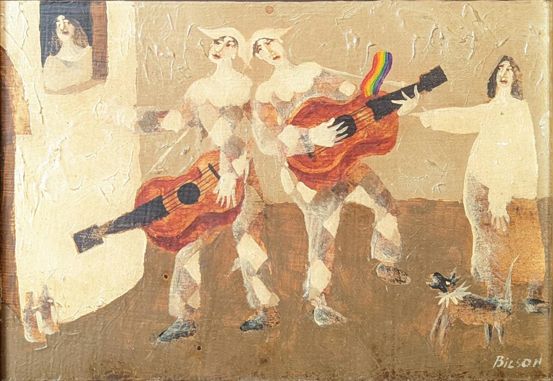 Harry Bilson (Icelandic/British, b.1948), Musicians, oil on board, signed lower right, H.15cm (1 of 2)