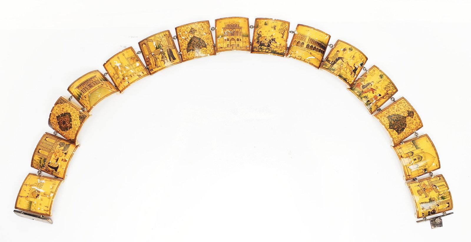 A very fine 19-20th century Persian Qajar silver mounted bone ladies belt painted and signed by: A very fine 19-20th century Persian Qajar silver mounted bone ladies belt painted and signed by master painter (Abu AlQasim Imami) depicting famous buildings of Isfahan and other scenes