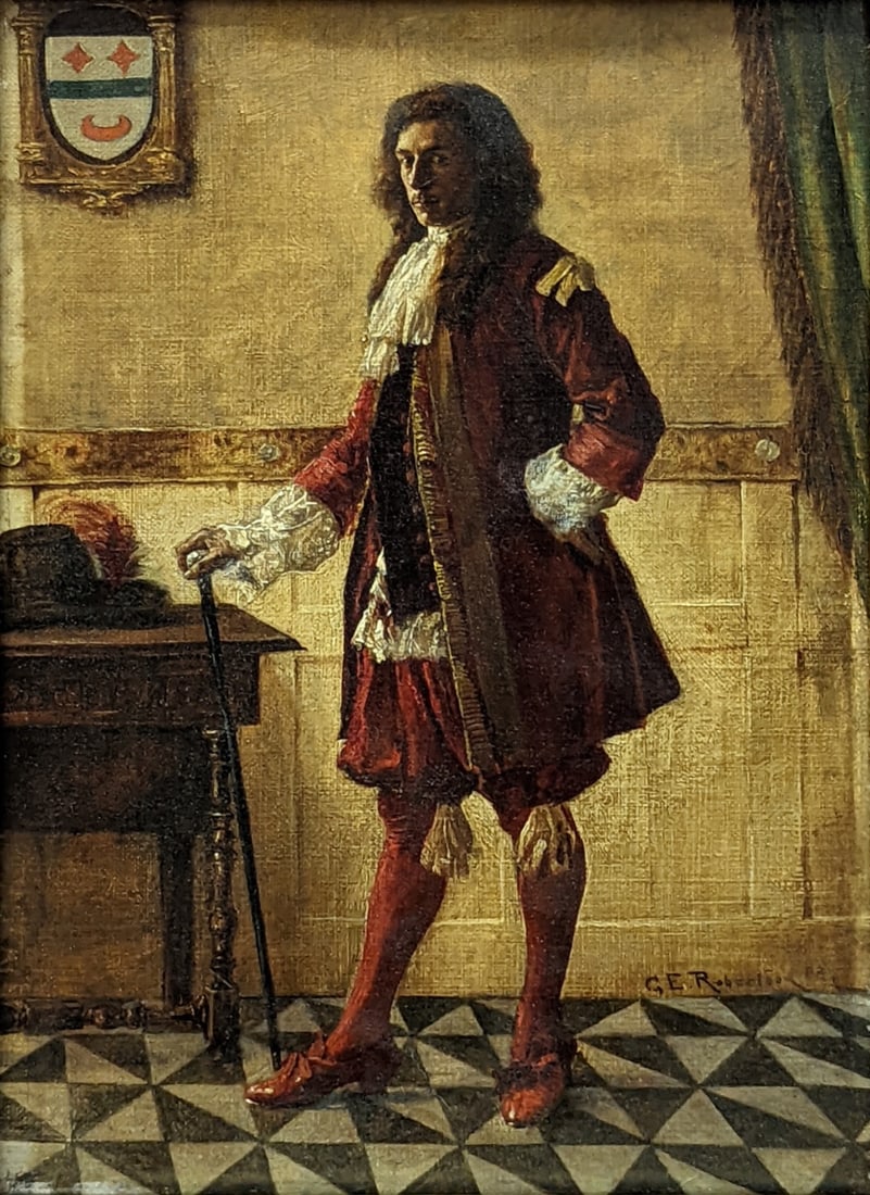 George Edward Robertson (British, 1864-1920), full length portrait of a Cavalier, oil on canvas,: George Edward Robertson (British, 1864-1920), full length portrait of a Cavalier, oil on canvas, signed lower right G.E.Robertson and dated 88, H.31cm W.21cm