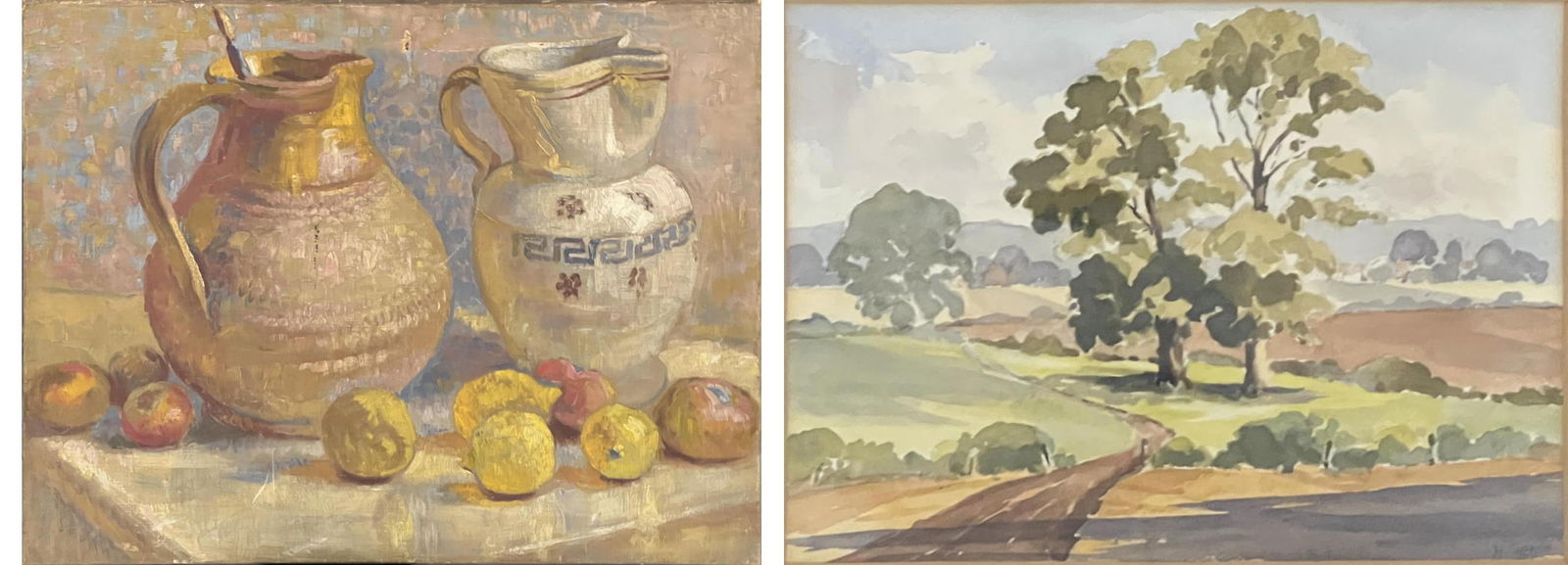 20th century Continental School, still life study of fruit and jugs, oil on canvas, H.50.5cm W.61cm,: 20th century Continental School, still life study of fruit and jugs, oil on canvas, H.50.5cm W.61cm, together with H.Sheath, Ventnor (Isle of Wight), watercolour, The Royal Institute Galleries, 195 Pi