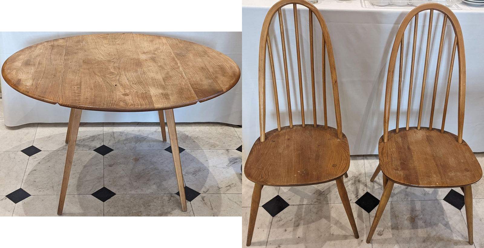 Ercol drop leaf dining table and 2 chairs: Ercol drop leaf dining table and 2 chairs