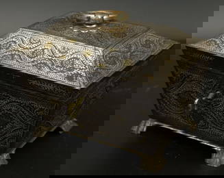 A fine 19th century North Indian Sialkot silver and gold inlaid Koftgari steel casket, H.19cm L.13cm