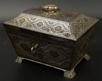 A fine 19th century North Indian Sialkot silver and gold inlaid Koftgari steel casket, H.19cm L.13cm