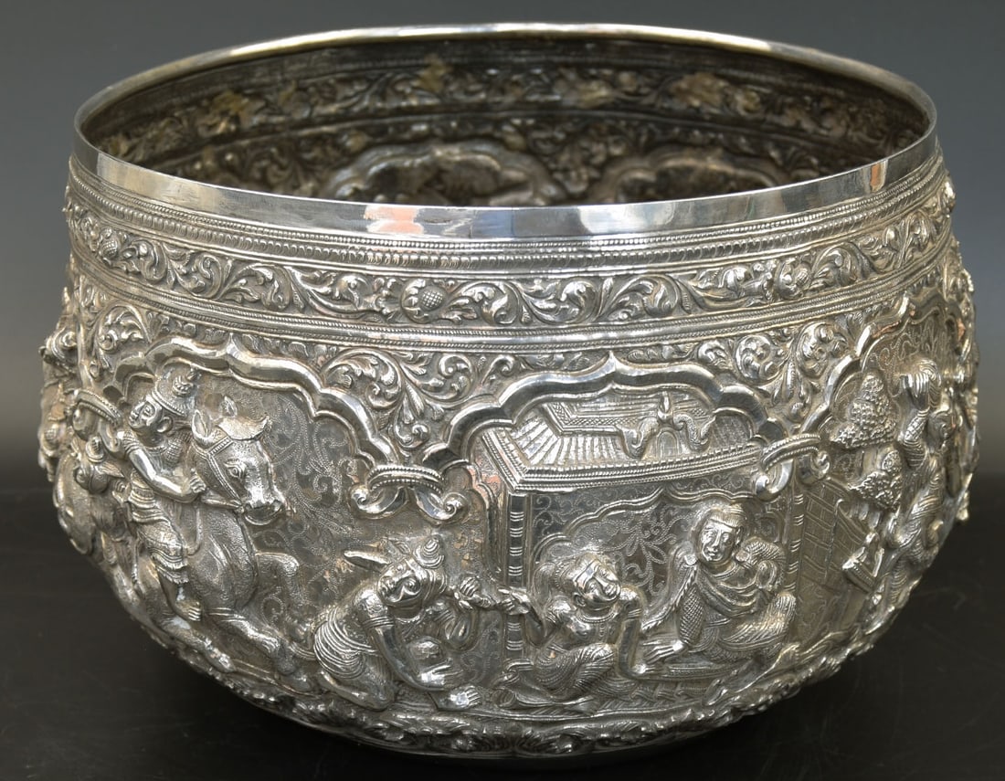 A fine large 19th century Burmese silver bowl with repouse decoration, H.15cm D.21cm (1 of 5)