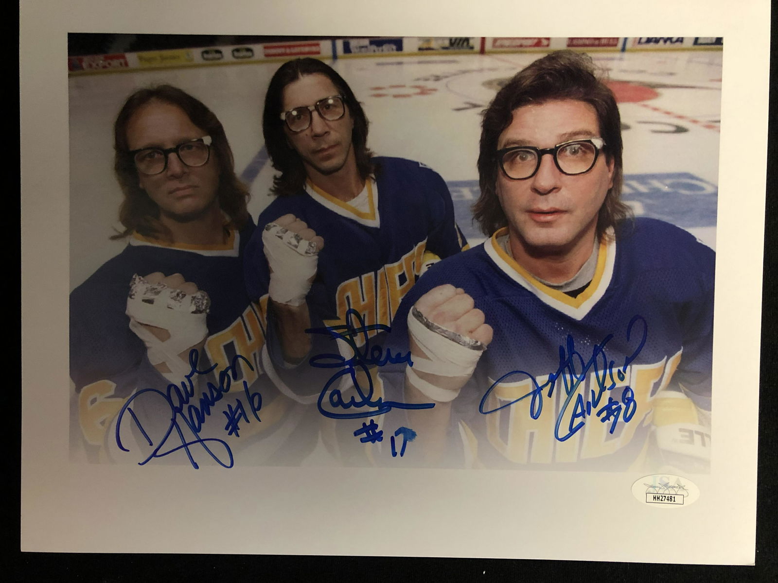 SLAPSHOT'S HANSON BROTHERS TRIPLE SIGNED ART PRINT -JSA (1 of 1)