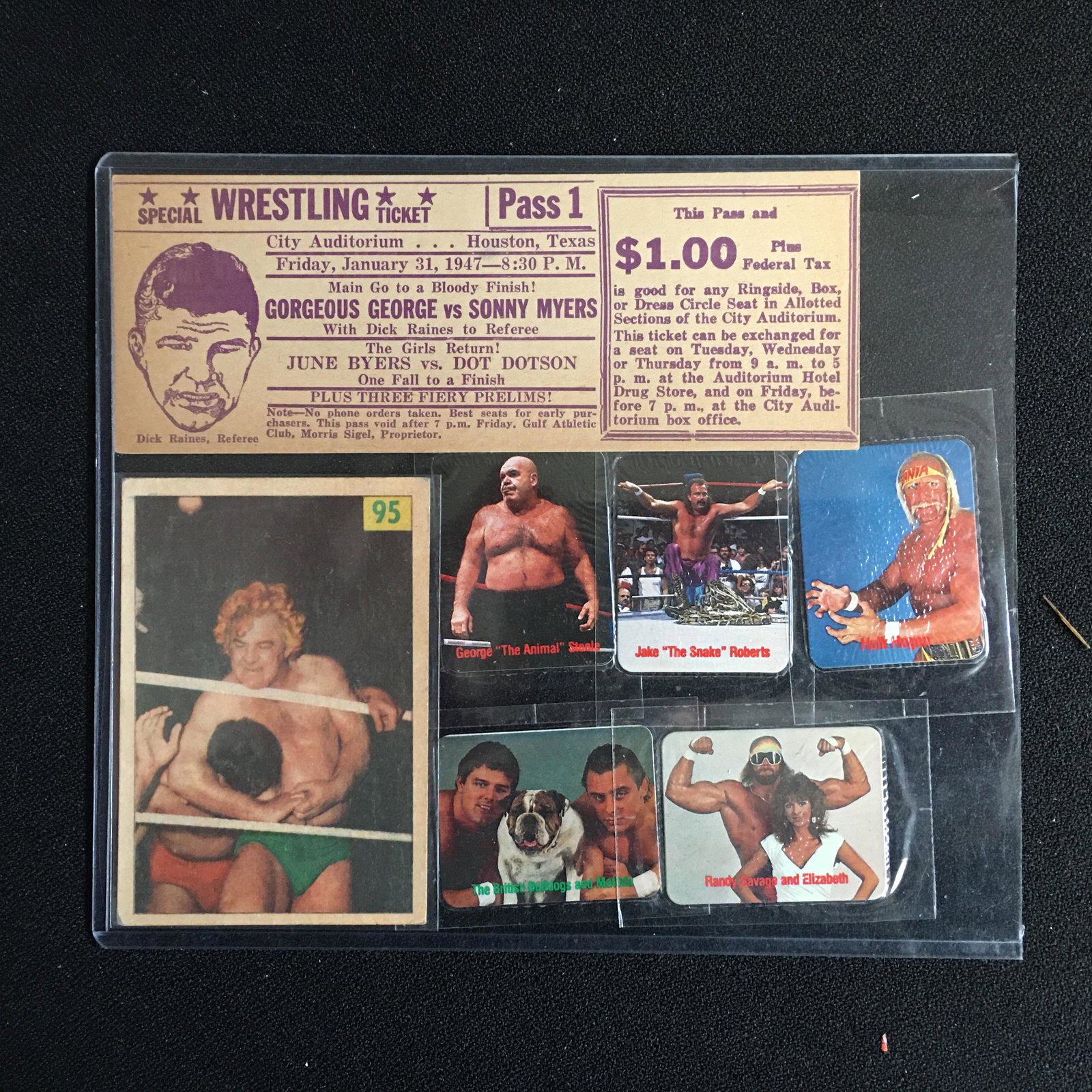 VINTAGE WRESTLING MEMORABILIA LOT (1950s PARKHURST: VINTAGE WRESTLING MEMORABILIA LOT (1950s PARKHURST CARDS, UNUSED WRESTLING SHOW TICKET)