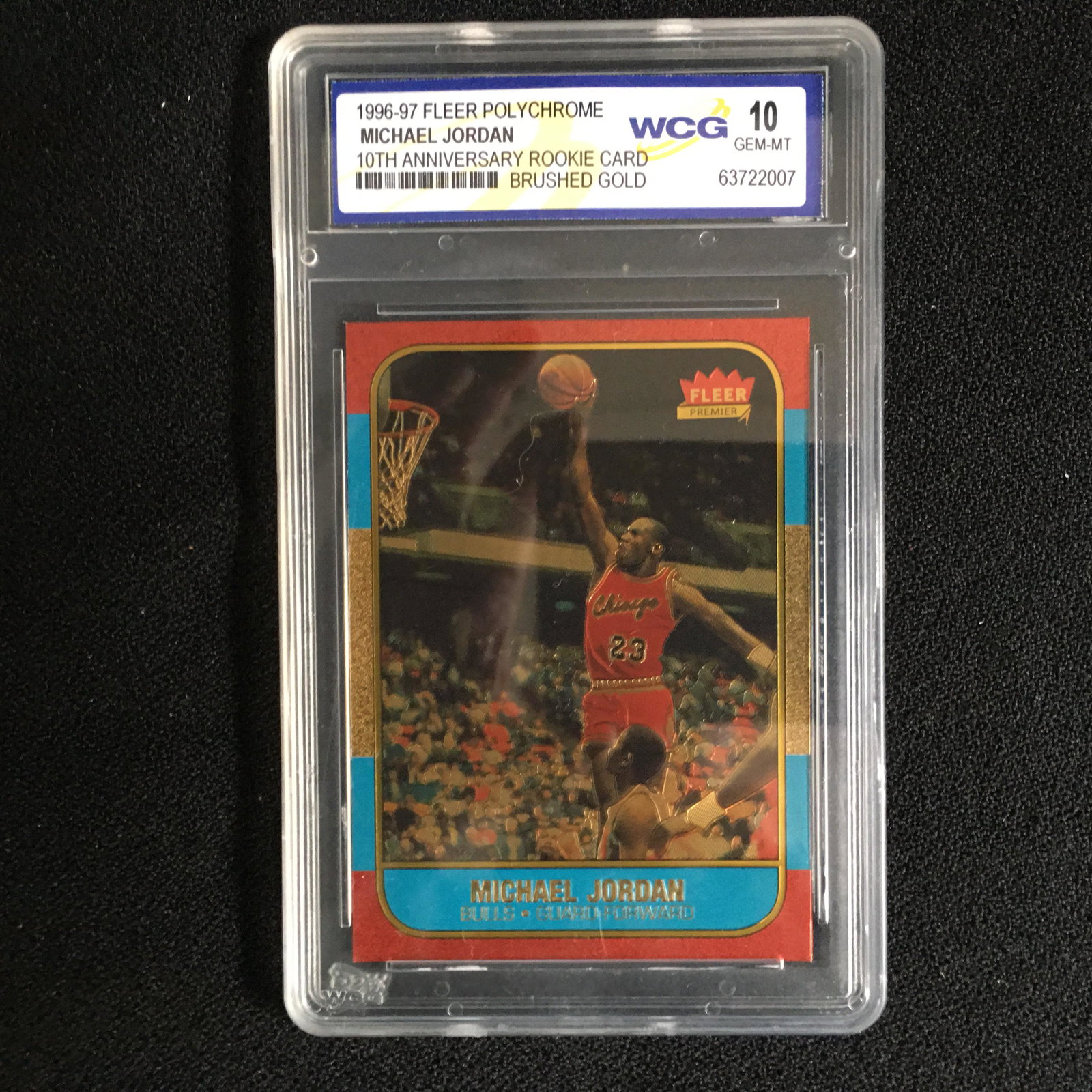 1996-97 FLEER POLYCHROME MICHAEL JORDAN 10th: 1996-97 FLEER POLYCHROME MICHAEL JORDAN 10th ANNIVERSARY ROOKIE CARD BRUSHED GOLD (10 GEM MINT)
