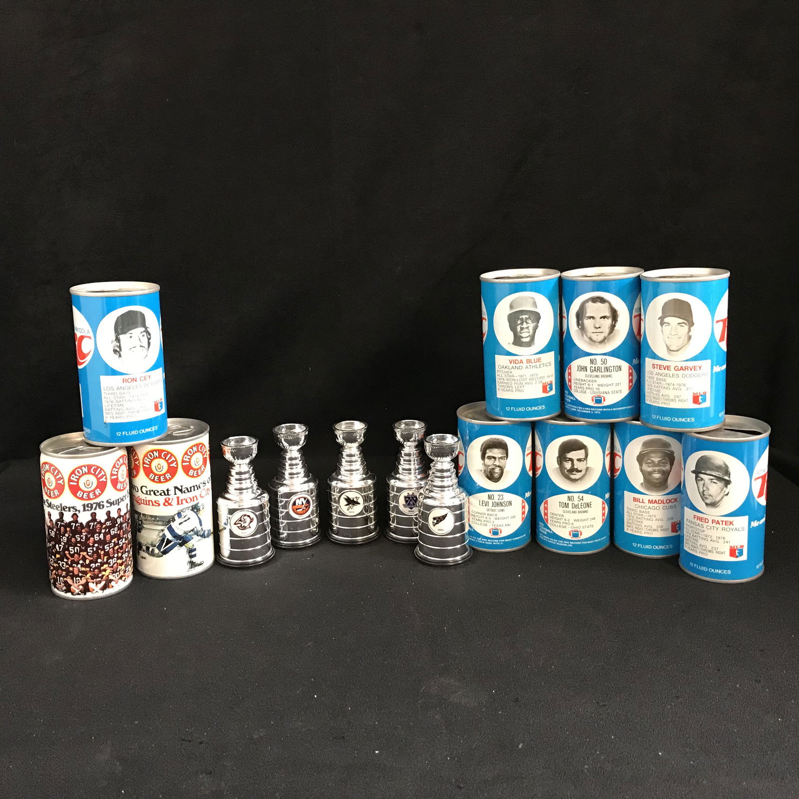 LOT OF RC COLA BASEBALL SODA CAN 12 OZ METAL VINTAGE: LOT OF RC COLA BASEBALL SODA CAN 12 OZ METAL VINTAGE PULL TABS (1977) & NHL MINI STANLEY CUPS
