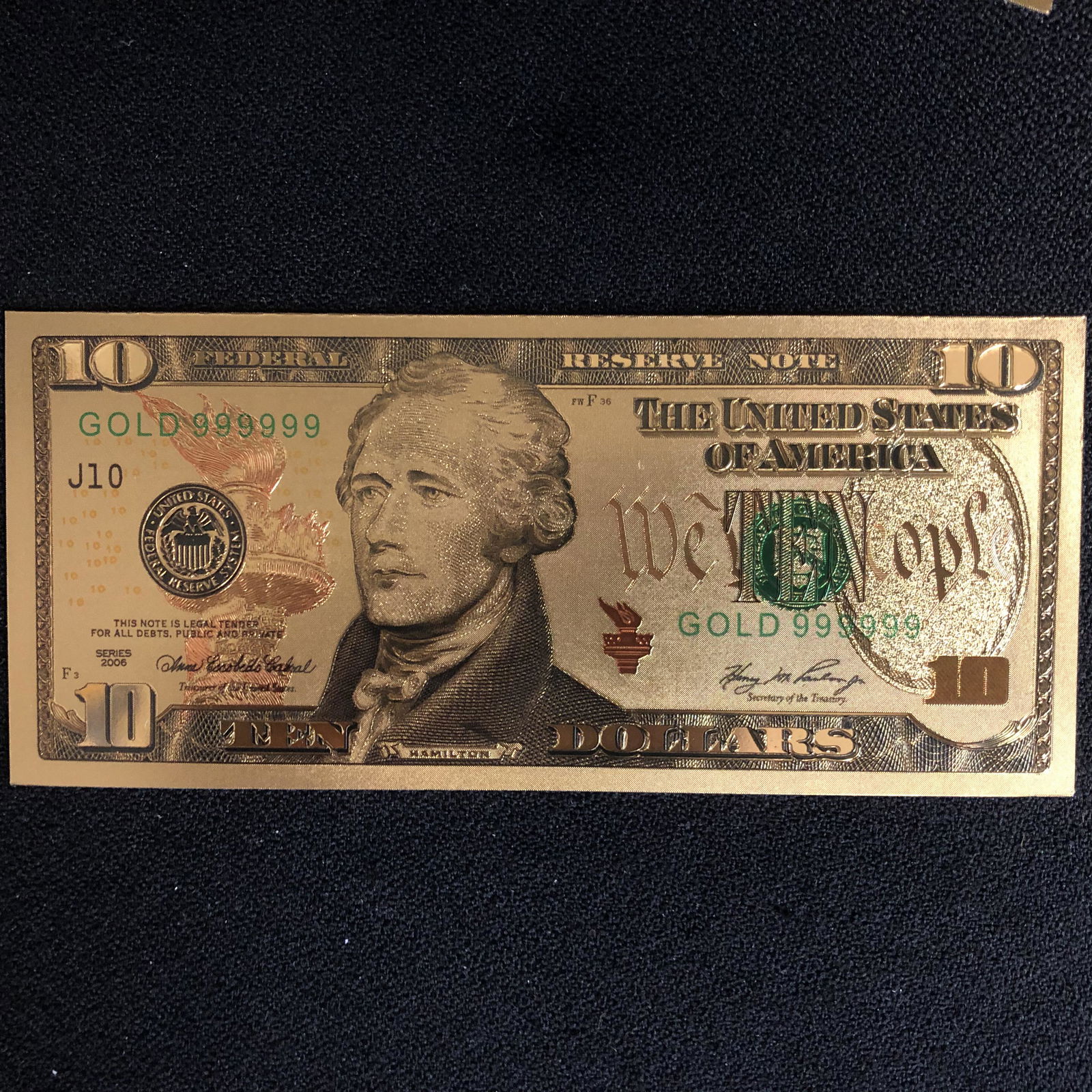 USA $10 DOLLAR 999 GOLD FOIL BANK NOTE: USA $10 DOLLAR 999 GOLD FOIL BANK NOTE