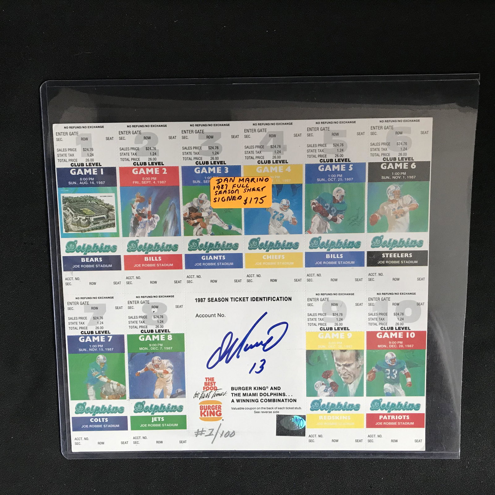 DAN MARINO SIGNED 1987 FULL SEASON TICKET SHEET: DAN MARINO SIGNED 1987 FULL SEASON TICKET SHEET