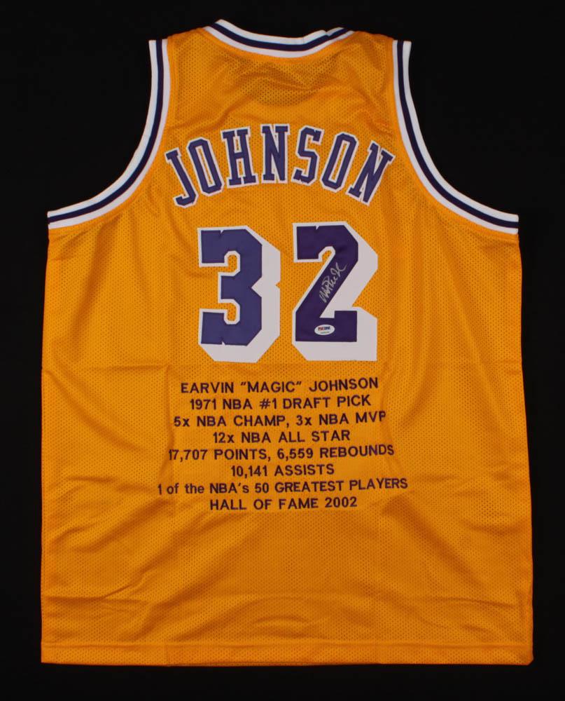 Magic Johnson Signed Career Highlight Stat Jersey (PSA (1 of 3)